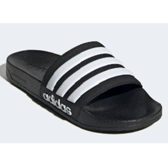 Adidas Men's Logo Adilette Black Lighweight Slides 3 Stripes - Picture 4 of 4